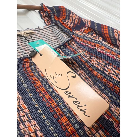 Les Serein Bourges Smocked Knit Top Womens 1X Indigo Rayon Blend Boho Hippie NEW - Picture 5 of 11